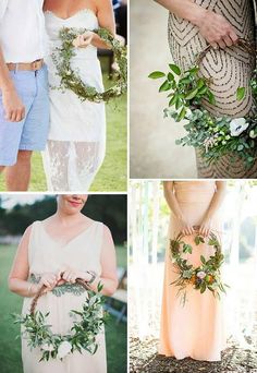 four different pictures of brides with flowers and greenery on their dresses, one is wearing