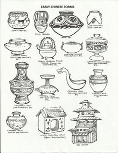 an old black and white drawing of various vases from the early chinese forms,