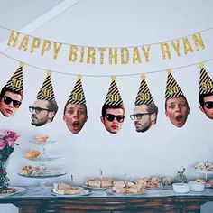 an image of a birthday party with people wearing hats and glasses on the cake table