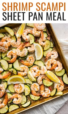 shrimp and zucchini sheet pan meal with text overlay that reads shrimp scampi sheet pan meal