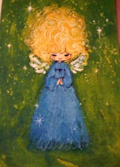 a painting of an angel with blonde hair and blue dress standing in the green grass