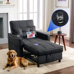 a dog laying on the floor in front of a couch with an electronic device attached to it