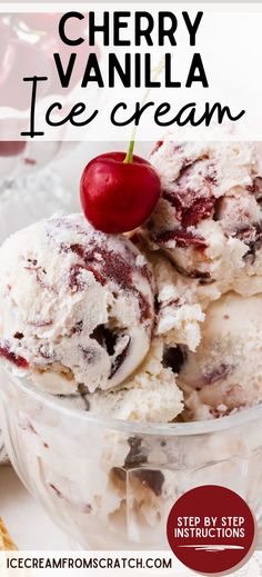 A glass ice cream bowl filled with cherry vanilla ice cream that is vanilla ice cream with swirls of cherries. It is topped with a fresh cherry Black Cherry Ice Cream Recipe, Lazy Keto Meals, Cherry Ice Cream Recipe, Cuisinart Ice Cream Maker, Cuisinart Ice Cream