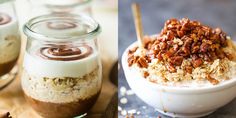 there are three different desserts in glass jars