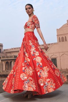 Red bemberg silk lehenga with floral digital printed motifs and sequins embroidery. Comes with a zari embroidered blouse. - Aza Fashions Silk Bollywood Sharara With Digital Print, Bollywood Style Silk Sharara With Digital Print, Digital Print Traditional Wear For Wedding And Festivals, Silk Anarkali Lehenga With Digital Print, Silk Sharara With Digital Print For Festivals, Silk Digital Print Sharara For Navratri, Bollywood Style Digital Print Lehenga For Festive Occasions, Traditional Fitted Lehenga With Digital Print, Festive Silk Lehenga With Digital Print