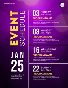 the event schedule is displayed on a purple and yellow background with bright lights around it