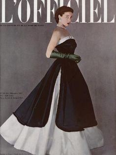 size: 12x9in Art Print: L'Officiel, December 1950 - Robe du Soir de Jacques Fath by Philippe Pottier : Fashion 1950, Dorothy Dandridge, Jacques Fath, Look Retro, Paris Mode, Fashion 1950s, Black And White Dress, Vintage Couture, Moda Vintage