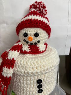 a crocheted snowman with a red hat and scarf on it's head