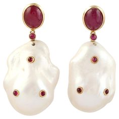 18KT:3.786g, Pearl:115.16ct, Ruby:9.81ct, Size: 40X17 MM Premium Jewelry, Pearl Gemstone, Natural Glow, Natural Ruby, Gold Pearl, Baroque Pearls, Earrings Handmade, Semiprecious Stones, Pink Purple