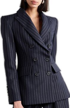 Elegant Double-breasted Pinstripe Blazer, Elegant Pinstripe Double-breasted Blazer, Chic Striped Suits With Notch Lapel, Chic Striped Notch Lapel Suit, Luxury Striped Blazer For Workwear, Chic Striped Business Suits, Chic Striped Suits For Office, Luxury Pinstripe Blazer For Office, Chic Pinstripe Blazer For Business Casual