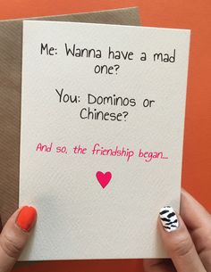 a woman holding up a card that says, me wanna have a mad one? you dominos or chinese and so the friendship