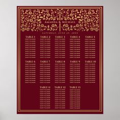 a red and gold wedding seating chart on a white wall in front of a vase