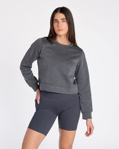 Introducing our Crew Neck Soft Scuba Sweatshirt: a sleek blend of style and comfort designed for your everyday adventures. Crafted from our signature Soft Scuba fabric, this sweatshirt offers a cozy yet breathable feel, perfect for layering over your gym gear or pairing with casual wear for effortless athleisure style. Featuring a classic crew neck design, this piece is tailored with a relaxed fit that flatters every figure, ensuring both comfort and versatility. Its durable, flexible material a Fleece Crew Neck Activewear For Workout, Fleece Activewear Crew Neck For Workout, Fleece Sportswear Tops For Workout, Crew Neck Sportswear Activewear For Workout, Crew Neck Sportswear For Workout, Crew Sportswear Activewear For Workout, Sportswear Activewear Crew For Workouts, Gray Moisture-wicking Crew Neck Sweatshirt, Fleece Athleisure Tops For Gym