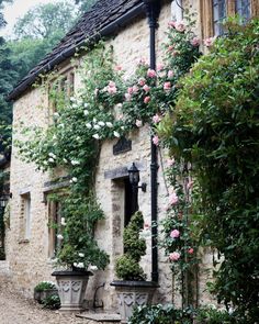 an old stone house with roses growing on it