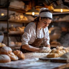 a woman working in a bakery making bread