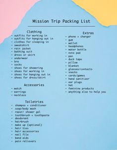 a blue and yellow poster with the words misson trip packing list on it's side