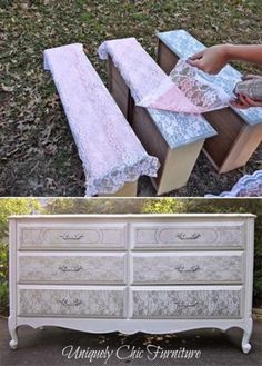 an old dresser gets a new makeover with lace