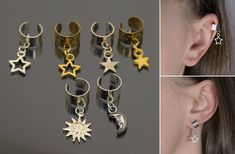 "These minimalist simple charm ear cuffs I designed for a person who loves celestial jewelry! Ear cuffs are lightweight, stylish and one size fits all. Gorgeous, stunning and original jewelry for your outlook! The upper part of cuff is fake, no need a piercing. It's very comfortable and easy to wear. The tightness can be adjusted by squeezing each end together until it fits snugly. The size of charms is about 0.5x0.5 inches. The price is for 1 ear cuff. Buy 3 ear cuffs and get FREE SHIPPING! Mor Adjustable Metal Trendy Ear Cuff, Adjustable Metal Hypoallergenic Ear Cuff, Adjustable Hypoallergenic Metal Ear Cuff, Trendy Nickel-free Ear Cuff As Gift, Trendy Nickel-free Ear Cuff For Gift, Adjustable Summer Ear Cuff As Gift, Trendy Adjustable Pierced Ear Climbers, Adjustable Trendy Ear Climbers, Trendy Handmade Ear Cuff As A Gift