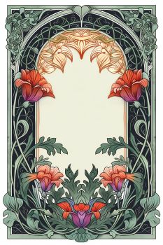 an art nouveau design with flowers and leaves on the border, framed by ornate scrolls