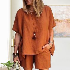 Season:Summer,Spring; Fabric:Cotton And Linen; Sleeve Length:Half Sleeve,Short Pant; Gender:Women's; Nightwear Style:Loungewear,Sets; Style:Basic,Simple; Elasticity:Micro-elastic; Tops Type:T Shirt; Occasion:Street,Daily; Function:Breathable; Pattern:Pure Color; Design:Pocket; Neckline:Crew Neck; Bottom Type:Shorts; Listing Date:01/18/2024; Hips:; Length [Bottom]:; Length [Top]:; Shoulder Width:; Bust: Blouse Pants, Summer Set, Loose Outfit, Casual Suit, Loungewear Sets, Tracksuit Women, Mini Shorts, Casual Sets, Outfit Casual