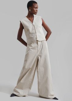 Sasha Wide Leg Jeans - Cream/Black Stripe – The Frankie Shop Classic Cotton Wide Leg Pants With Button Closure, Classic Wide Leg Cotton Pants With Button Closure, Chic Wide Leg Work Pants With Patch Pockets, Chic Wide Leg Pants For Workwear With Patch Pockets, Relaxed Fit Cotton Wide Leg Pants With Button Closure, Cotton Wide Leg Pants With Welt Pockets For Summer, Summer Wide Leg Work Pants With Patch Pockets, Chic Wide Leg Cotton Pants For Work, Luxury Striped Wide Leg Bottoms