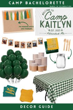 the camp bachelor party is set up with green and yellow decorations, plates, napkins,