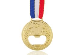 a gold medal with a red, white and blue ribbon