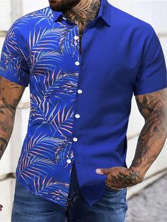 Men Tropical Print Shirt Royal Blue Boho  Short Sleeve Fabric Tropical Shirt Non-Stretch Summer Men Clothing, size features are:Bust: ,Length: ,Sleeve Length: Blue Casual Collar Shirt For Vacation, Blue Short Sleeve Shirt With Casual Collar For Spring, Blue Long Sleeve Hawaiian Shirt For Spring, Tropical Print Shirt, Tropical Shirt, Printed Shirts Men, Tropical Shirts, Men Shirts, Striped Long Sleeve Shirt