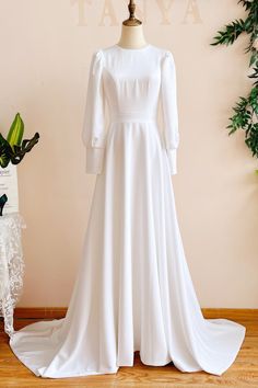 Modest A Line Long Sleeves Wedding Dress Vintage Gown | KissProm Long Sleeve Wedding Dress Lds, Timeless Wedding Dress Modest, Long Sleeve Wedding Dress Vintage, Wedding Dress Vintage Sleeves, Long Sleeves Wedding Dress, Sleeves Wedding Dress, Lavender Prom Dresses, Prom Dress Trends, Wedding Dressses