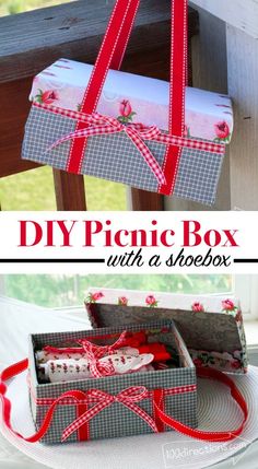 the diy picnic box with a shoebox on top and ribbon tied around it