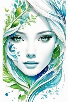 a woman's face with green leaves and flowers on her head, as well as the