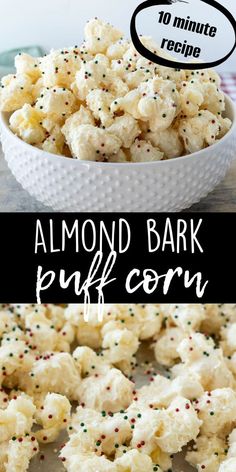 almond bark puffy corn recipe in a white bowl with sprinkles on top