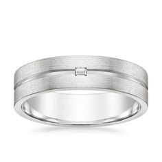 Men's Platinum Ezra Diamond 5.5mm Wedding Ring. This unique ring features a high polish groove inlaid within a contemporary matte band. An alluring baguette diamond adds an eye-catching flair. Brilliant Earth, Unique Ring, Baguette Diamond, Unique Rings, Wedding Ring, Platinum, Rings For Men, Wedding Rings, White Gold