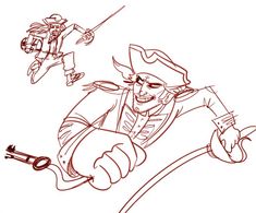 a drawing of a pirate flying through the air with his hand on top of a rope