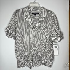 Nwt French Connection Womens Stiped Button Down Shirt Ties Waist Gray White L Lg 1 Front Pocket; Full Button Down Front; Short Sleeve With Cuff; Extra Button; Ties At The Waist New With Tags; End Of Season Shelf Pull From Bloomingdales - Save Money With This Great Item! Approx Measurements Bust: 46" Length: 25" Bundle For Additional Savings. Blm250456284duqu-04/22 P11 (Ob) @Womens @Misses @New @Nwt @Bloomies @Bloomingdales @Womens @Designer @Frenchconnection @ 9 Oz Casual Pinstripe Collared Blouse, Casual Pinstripe Tops With Button Closure, Casual Pinstripe Button-up Tops, Casual Pinstripe Shirt With Buttons, Leather Peplum Tops, Leather Peplum, Gingham Tops, Tank Top Dress, Leopard Print Blouse