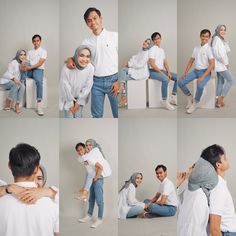 multiple shots of people posing for pictures with one woman hugging the other while another man sits on a chair