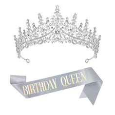 PRICES MAY VARY. 👑 BIRTHDAY QUEEN➜With diamond-like rhinestones on the metal tiara, this silver crown reflects light spectacularly with its subtle movement. Iridescent letter hand-pressed on a silver glitter sash will compliment your birthday outfit while making sure you're the star. 👑 SIZE➜Birthday Crown measures approx. 2.76 inches in height, 5.7 inches in diameter. Birthday Queen Sash measures approx 62.99 in length, 3.74 in width. 👑 PERFECTLY FIT➜Adult Crown is of high quality, bending at Silver Party Crown With Rhinestones, Adjustable Silver Crown For Party, Adjustable Silver Crown For Parties, Crowns For Women, Birthday Crowns, Quinceanera Crown, Gold Hair Comb Wedding, 17th Birthday Ideas, Bridal Hair Combs Pearl