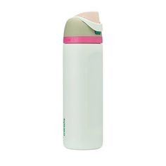 thermos insulated water bottle with pink trim is shown in front of a white background