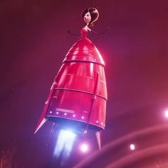 a red rocket ship floating in the air with lights on it's back end