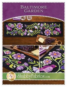 an image of a table runner with purple flowers and leaves on it, along with the words baltimore garden