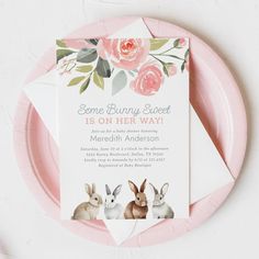 some bunny sweet is on her way baby shower card with pink flowers and bunnies