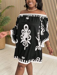 Plus Size Off-Shoulder Loose Fit  Element Silhouette Printed Long Sleeve Mini Dress, Suitable For Vacation, Casual And Leisure, Spring And Summer Black and White Casual  Long Sleeve Woven Fabric Colorblock Tunic Non-Stretch  Women Plus Clothing, size features are:Bust: ,Length: ,Sleeve Length: Off-shoulder Mini Dress For Beach, Black Boat Neck Dress For Spring, Black Off Shoulder Summer Dress, Black One Shoulder Beach Dress, Black Long Sleeve Off Shoulder Summer Dress, Black Summer Off Shoulder Dress, Spring Off Shoulder Boat Neck Dress, Oversized Printed Cover-up For Vacation, Spring Black Cold Shoulder Dress