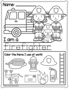 a firefighter worksheet with the words i am a fire fighter and an image of