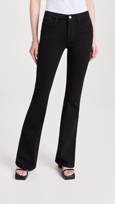 FRAME Le High Flare Jeans | Shopbop High Rise Stretch Flares For Fall, Cotton Stretch Jeans With Flared Hem, Stretch Cotton Flare Jeans, Flared Stretch Jeans With Five Pockets, Stretch Wide Leg Flare Jeans With Five Pockets, Stretch Flare Jeans With Five Pockets, Casual Stretch Jeans With Flared Hem, Black Flare Jeans With Stretch, Black Stretch Flare Jeans