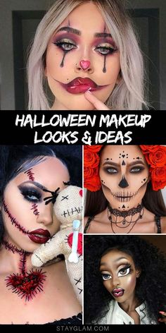 23 Halloween Makeup Looks to Try This Year | StayGlam Face Painting Ideas Halloween Women, Half Glam Half Scary Makeup, Mua Halloween Makeup, Halloween Make Up Ideas Simple, Clown Ideas For Halloween, Multi Eyed Character Design, Bat Makeup Halloween Easy, Easy Halloween Makeup Looks For Beginners, Creative Halloween Makeup Looks Scary