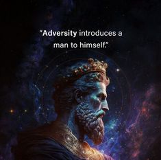 an image of a man with a crown on his head and the words adversity introduces a man to himself