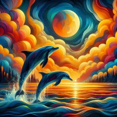 two dolphins jumping out of the water at night with colorful clouds and sun in the background