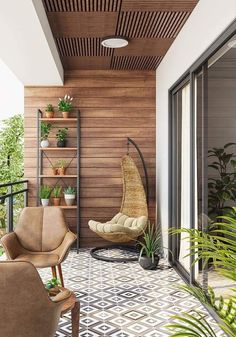 a chair and some plants on a balcony with wooden slatted walls above it