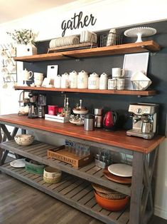 a coffee bar with lots of items on the top shelf and below it is a sign that says gather