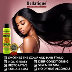 Get ready to shine with Bellatique's Professional Super Oil Sheen Spray. This miracle mist is your secret weapon for hair that gleams like it's always in the spotlight. Why it's a must-have: Instant glow-up: Adds luminous shine in seconds Lightweight formula: Nourishes without the heavy feel Versatile use: Perfect for natural and styled hair Three size options: 3.38 fl oz for on-the-go, 6.76 fl oz for daily use, 14.88 fl oz for the shine addicts Whether you're a pro stylist or just a pro at slay Blog Categories, Deep Conditioning, Rewards Program, Good Customer Service, All Hair Types, Dry Hair, For Hair, Hair Hair, Spray